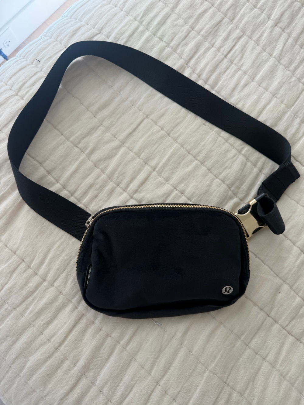 lululemon athletica Black Velour Belt Bag with Gold Hardware